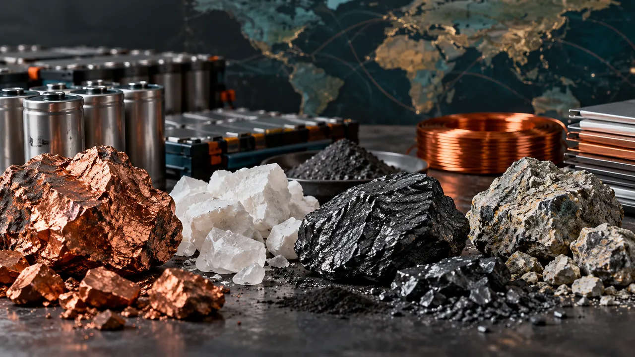 Copper, graphite, pale mineral samples, battery cells, and refined materials arranged on an industrial workbench.