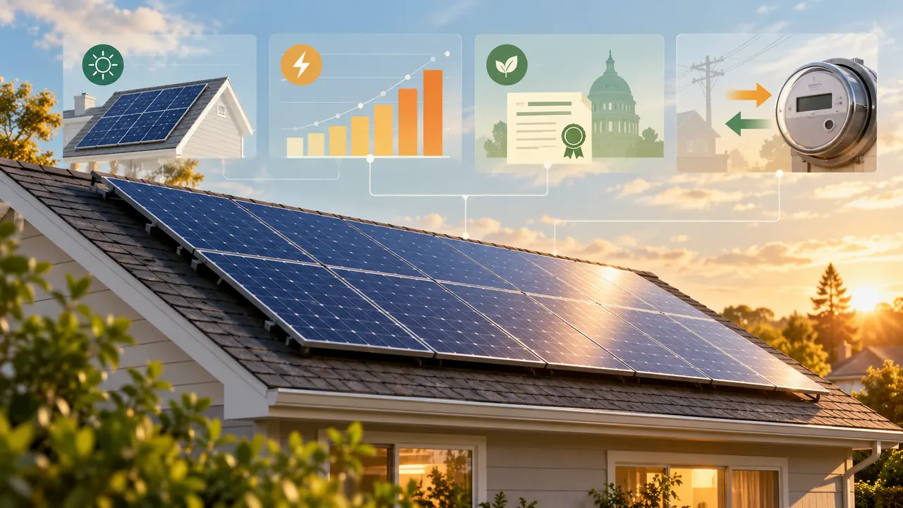 Rooftop solar panels with abstract utility, incentive, and energy-payback panels above the roof.
