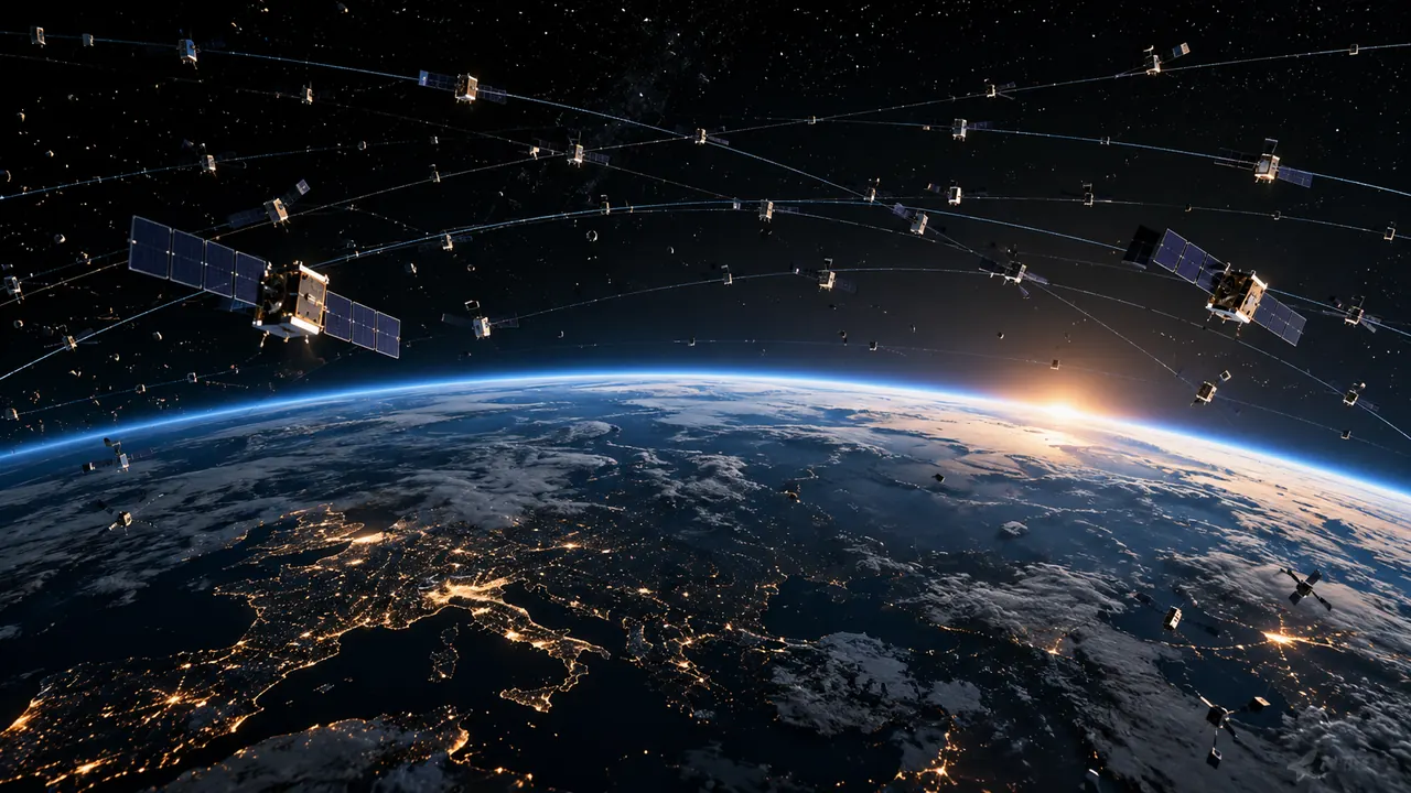 Many small satellites and orbital path lines above Earth's glowing horizon at twilight.