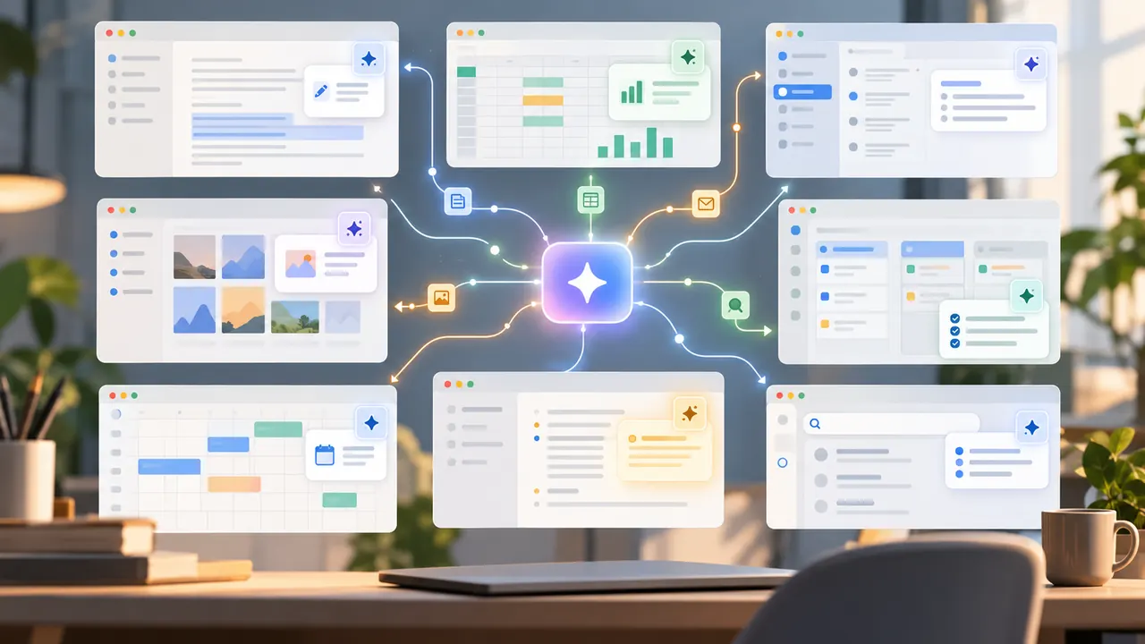 A grid of generic app windows connected to a central AI sparkle action node in a calm workspace.